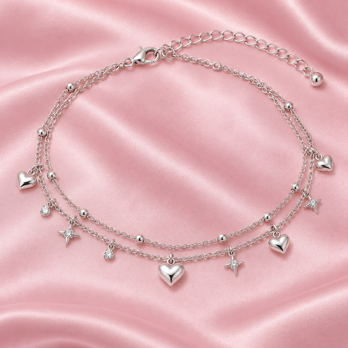 Silver-tone Gyaru anklet with heart and star charms