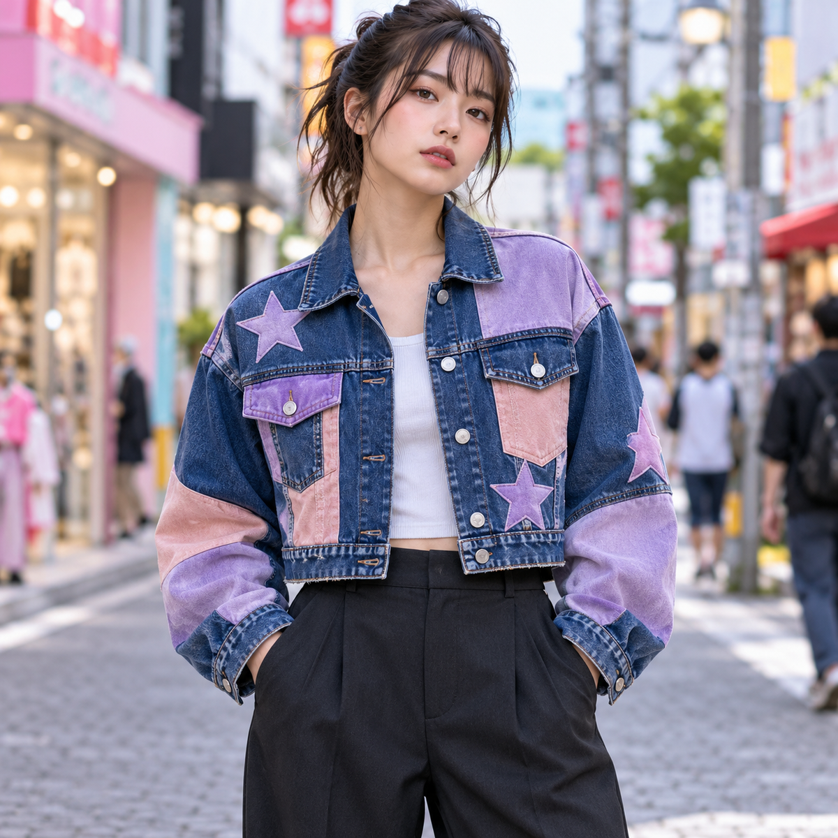 Close detail of star patches and mixed denim panels on Harajuku jacket