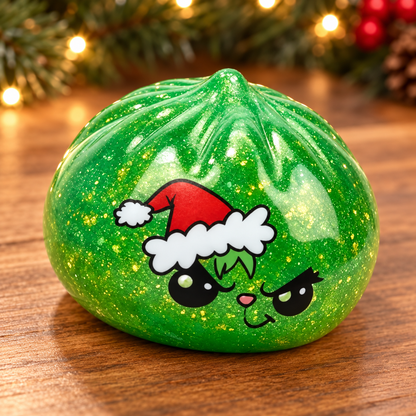 Three-quarter angle of the Grumpy Christmas Dumpling Squishy