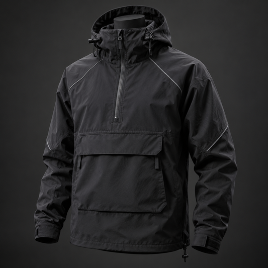 Charcoal techwear anorak with high hood, front pocket, and reflective piping