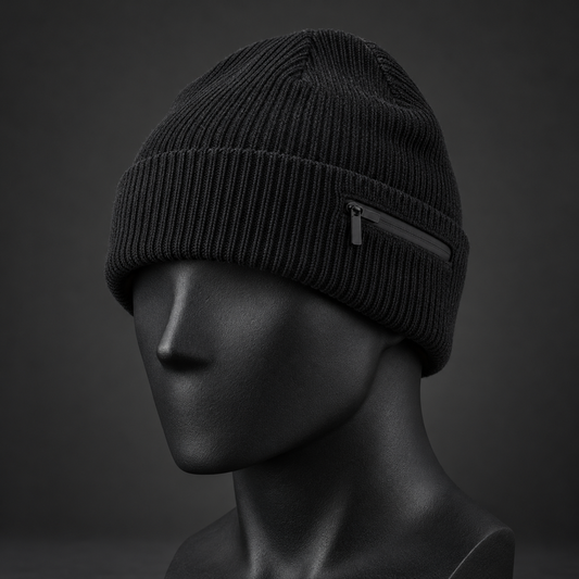 Black rib-knit techwear beanie with folded cuff and small zip pocket