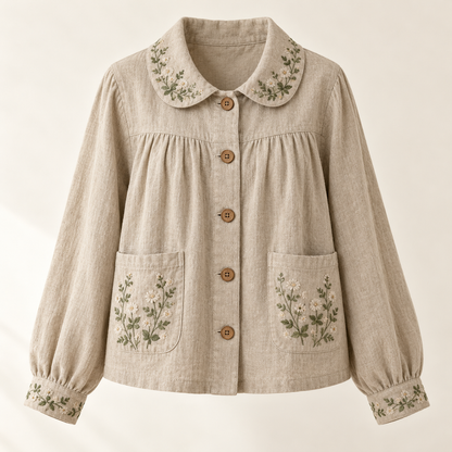 Mori Kei oatmeal jacket with floral embroidery, front view