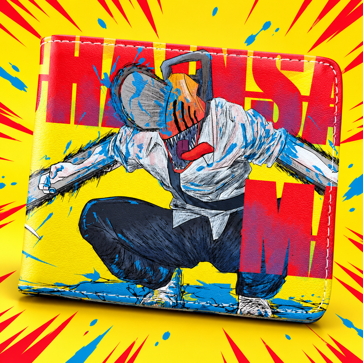 Denji Pop Art Anime Wallet on a vivid yellow and red comic background