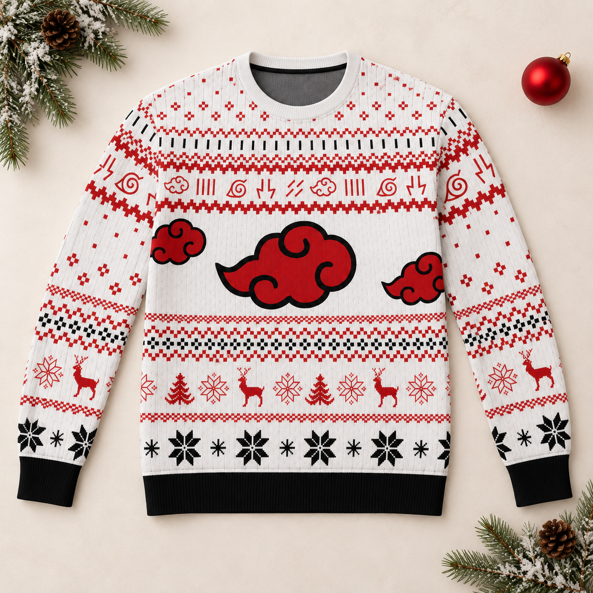Flat-lay view of the white Akatsuki Clouds holiday sweater with red cloud graphics