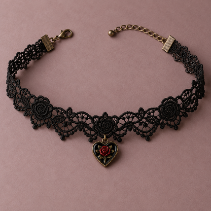 Black floral lace choker with heart pendant
