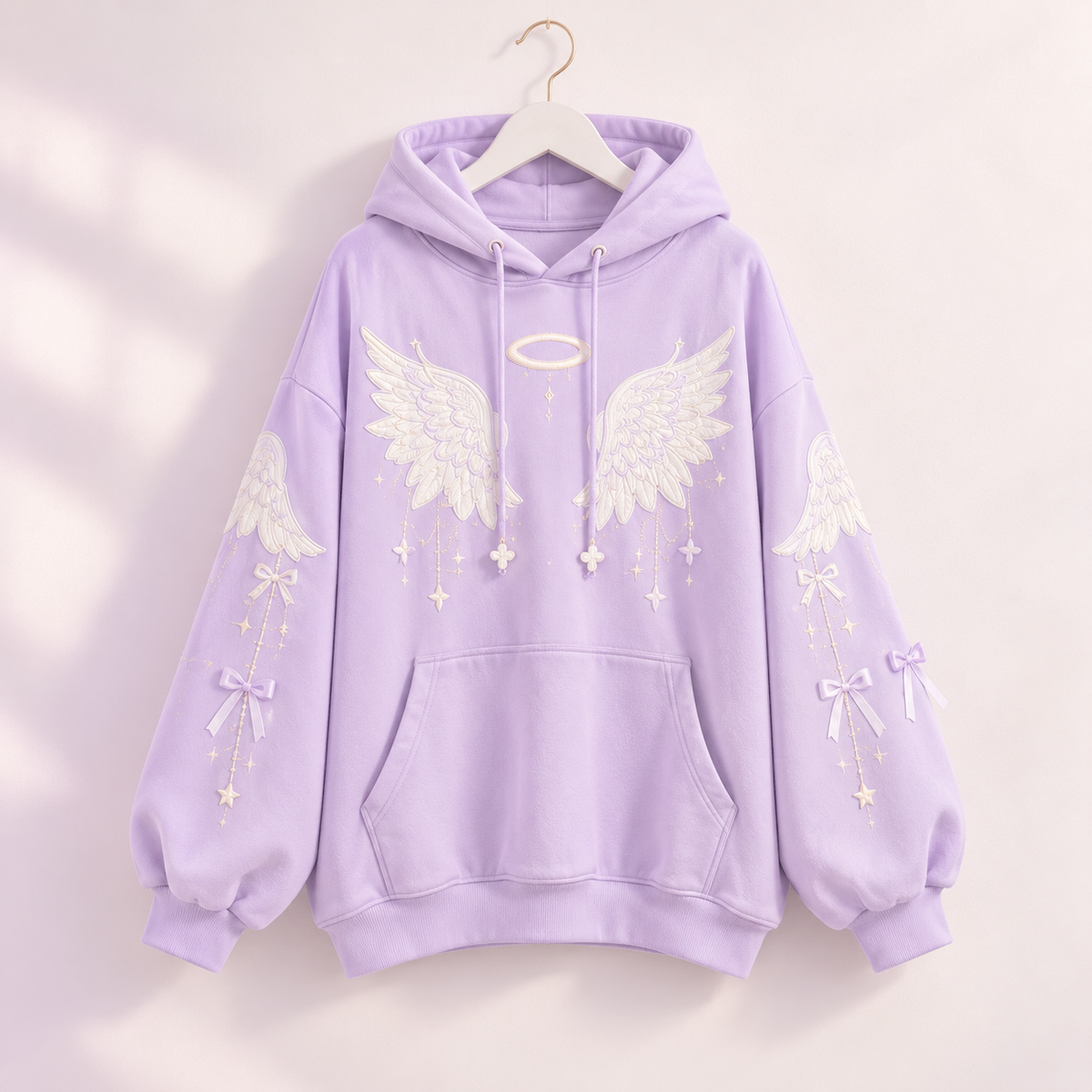 Front view of the lavender Tenshi Kawaii angel wing hoodie