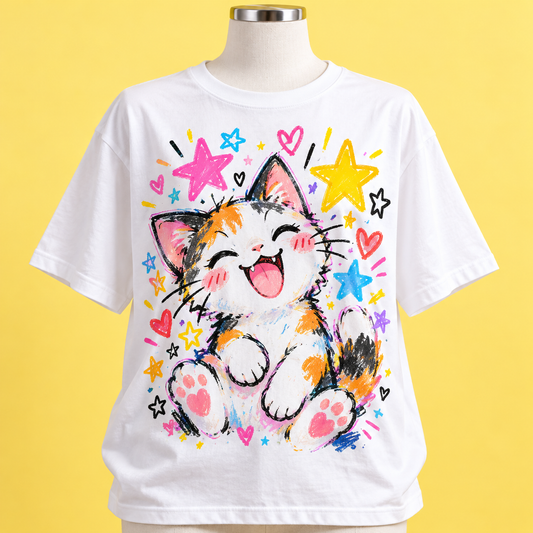 White Harajuku T-shirt with colorful smiling cat and star graphic