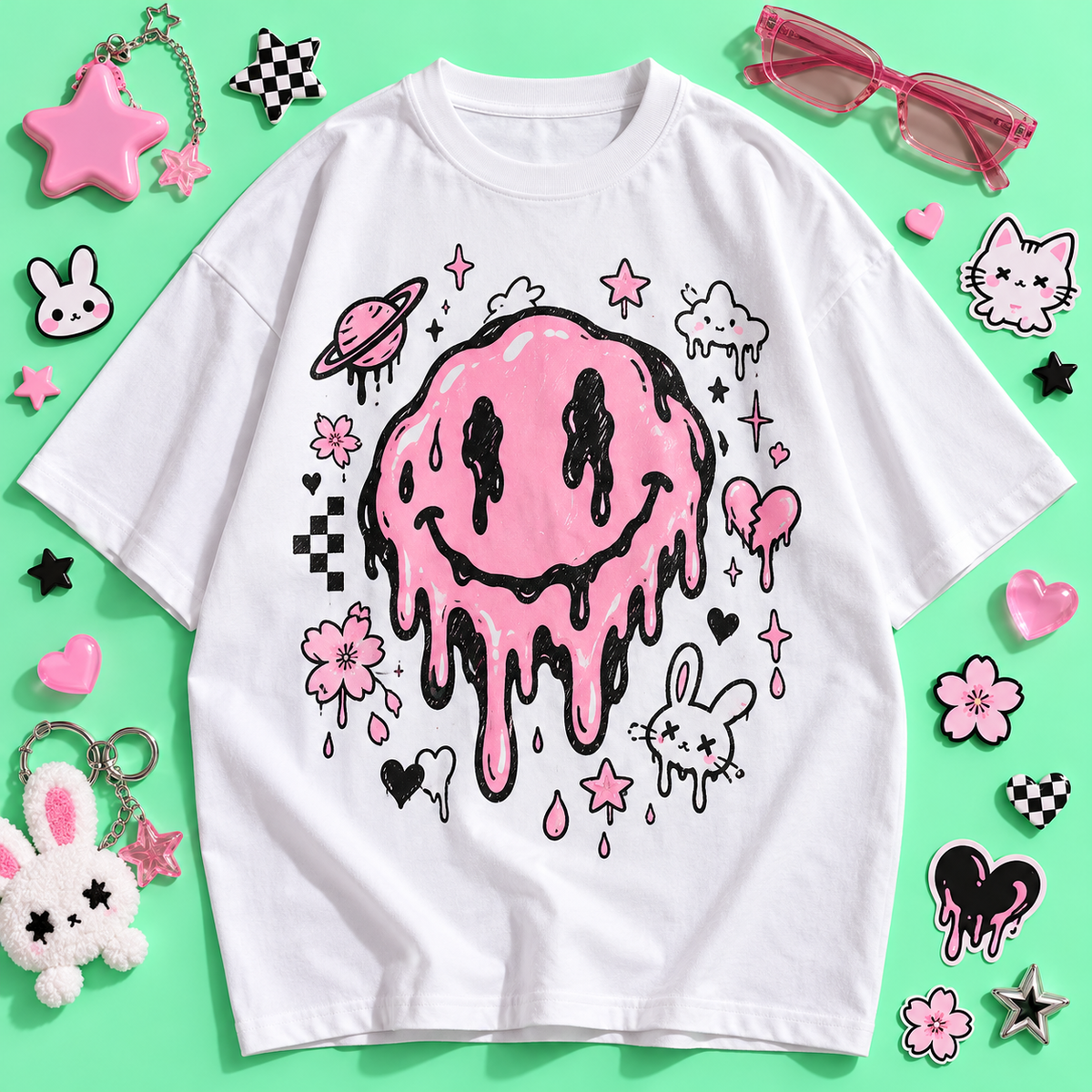 Oversized Harajuku graphic shirt with pink melting smiley print