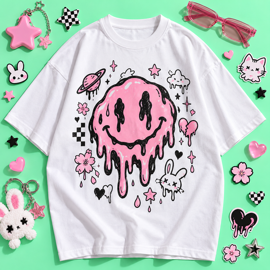 Oversized Harajuku graphic shirt with pink melting smiley print