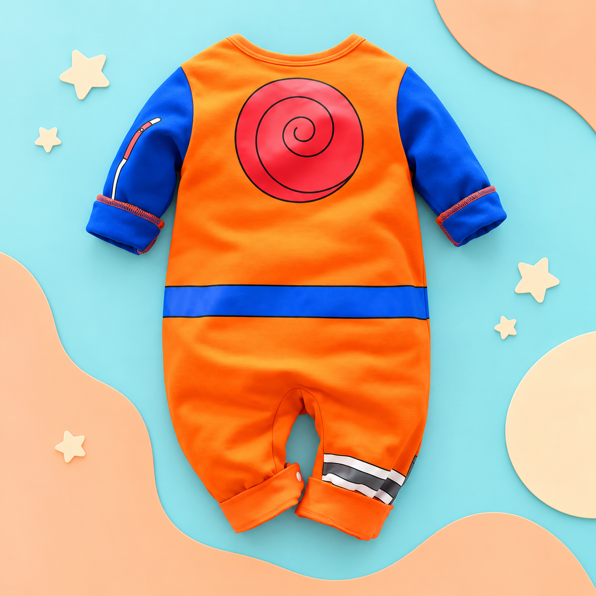 Back view of Shinobi Anime Baby Onesie showing its red spiral emblem