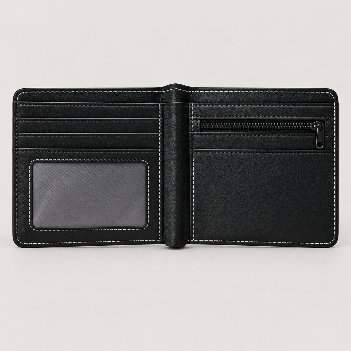 Open Black HxH Wallet interior with card slots, ID window, and zip pocket