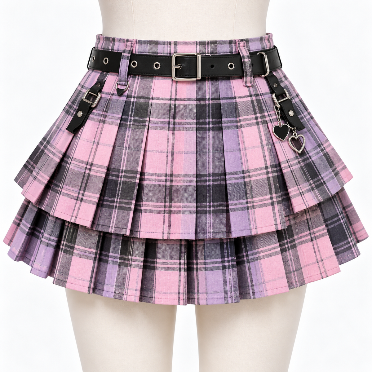 Pastel plaid layered Harajuku mini skirt with buckle belt and heart charms