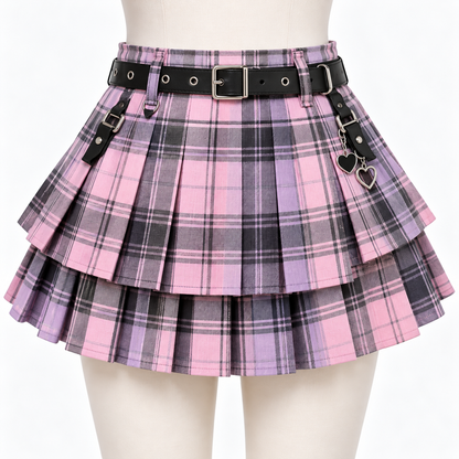 Pastel plaid layered Harajuku mini skirt with buckle belt and heart charms
