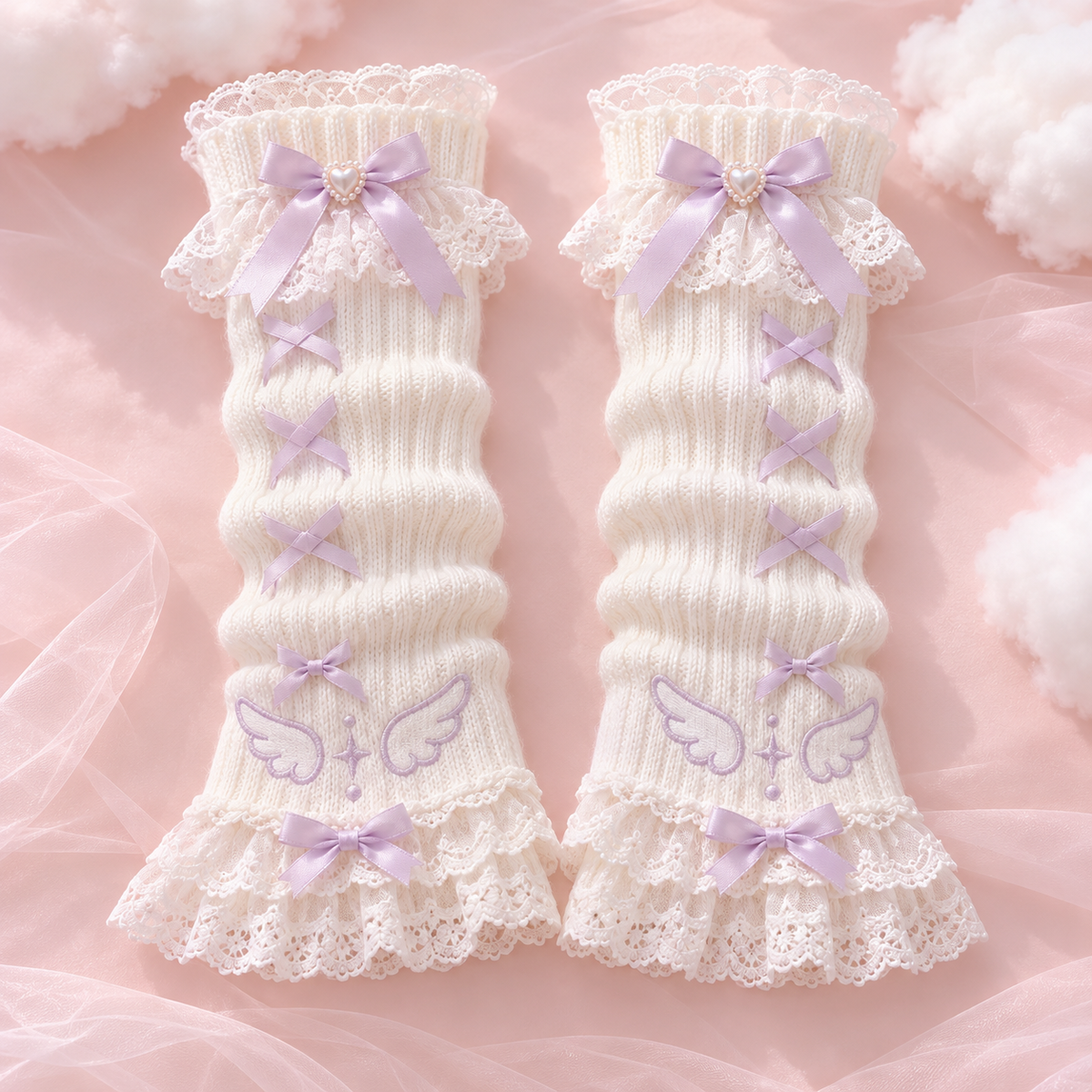 Pair of ivory Tenshi Kawaii arm warmers with lavender bows and lace
