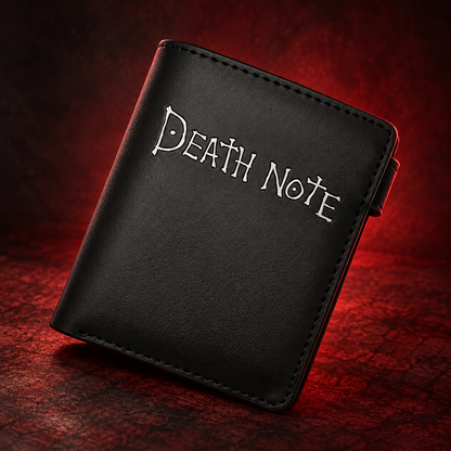Front of the black Leather Death Note Wallet with white title lettering on a burgundy-charcoal background