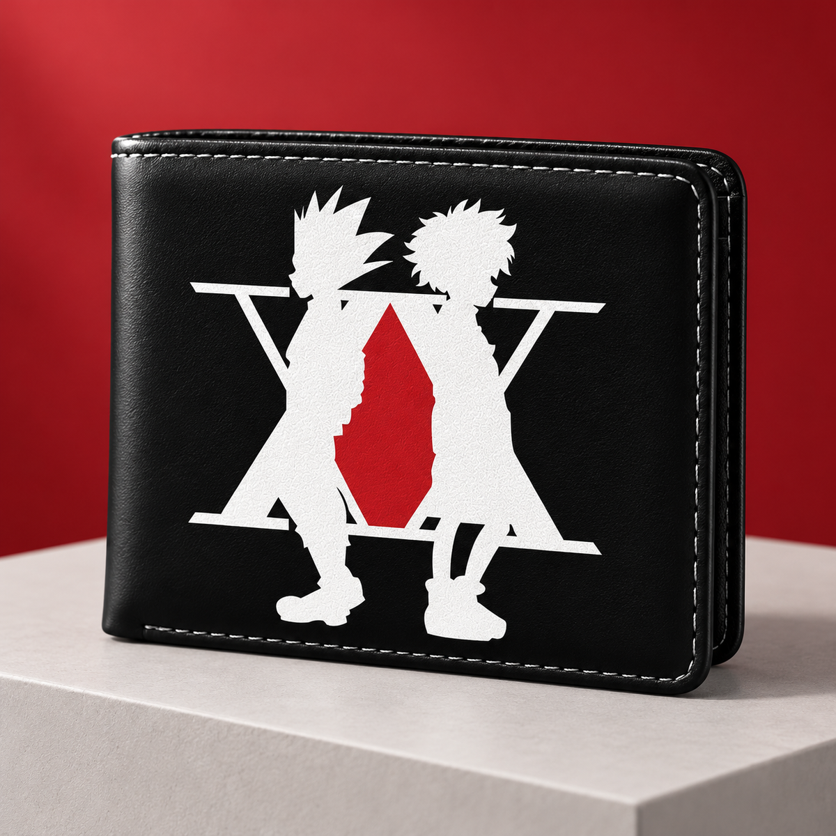 Angled Black HxH Wallet showing its bifold shape and graphic cover