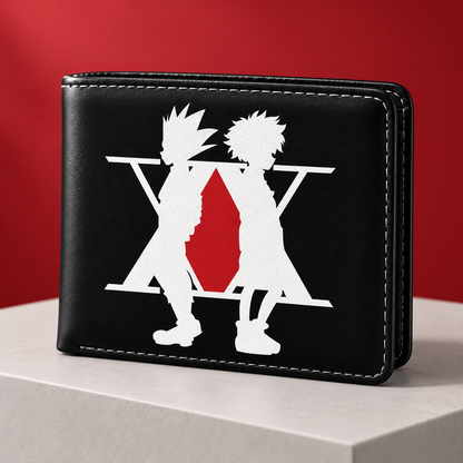 Angled Black HxH Wallet showing its bifold shape and graphic cover