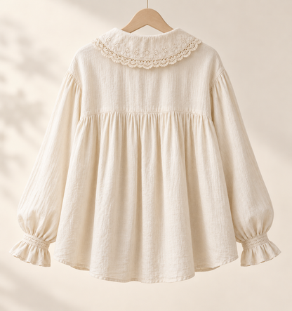 Cream Mori Kei blouse with lace collar, back view