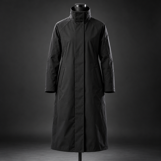 Long black techwear coat with high collar and concealed front closure