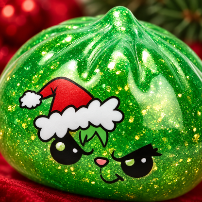 Close detail of the dumpling's glitter and grumpy holiday face