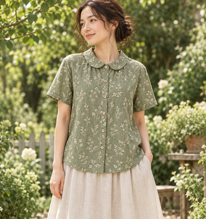 Sage botanical Mori Kei shirt styled with an oatmeal skirt