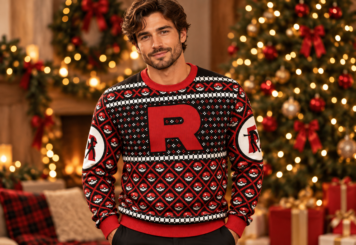Team Rocket sweater worn in a professional holiday photoshoot