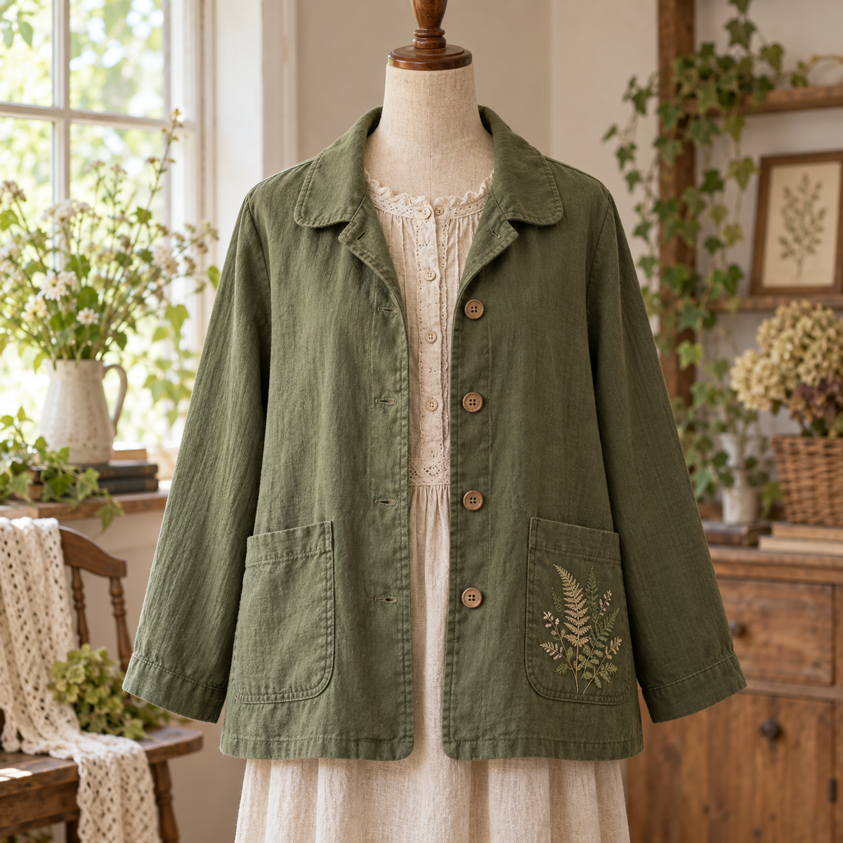 Moss-green Mori Kei utility jacket with wood-tone buttons and fern embroidery