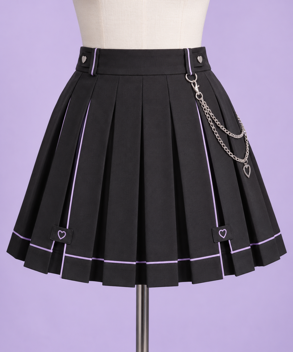 Black pleated Yami Kawaii skirt with lavender piping and heart patches