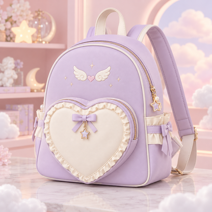 Lavender Tenshi Kawaii mini backpack with wing emblem and star charm