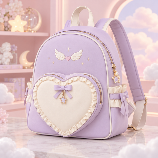 Lavender Tenshi Kawaii mini backpack with wing emblem and star charm