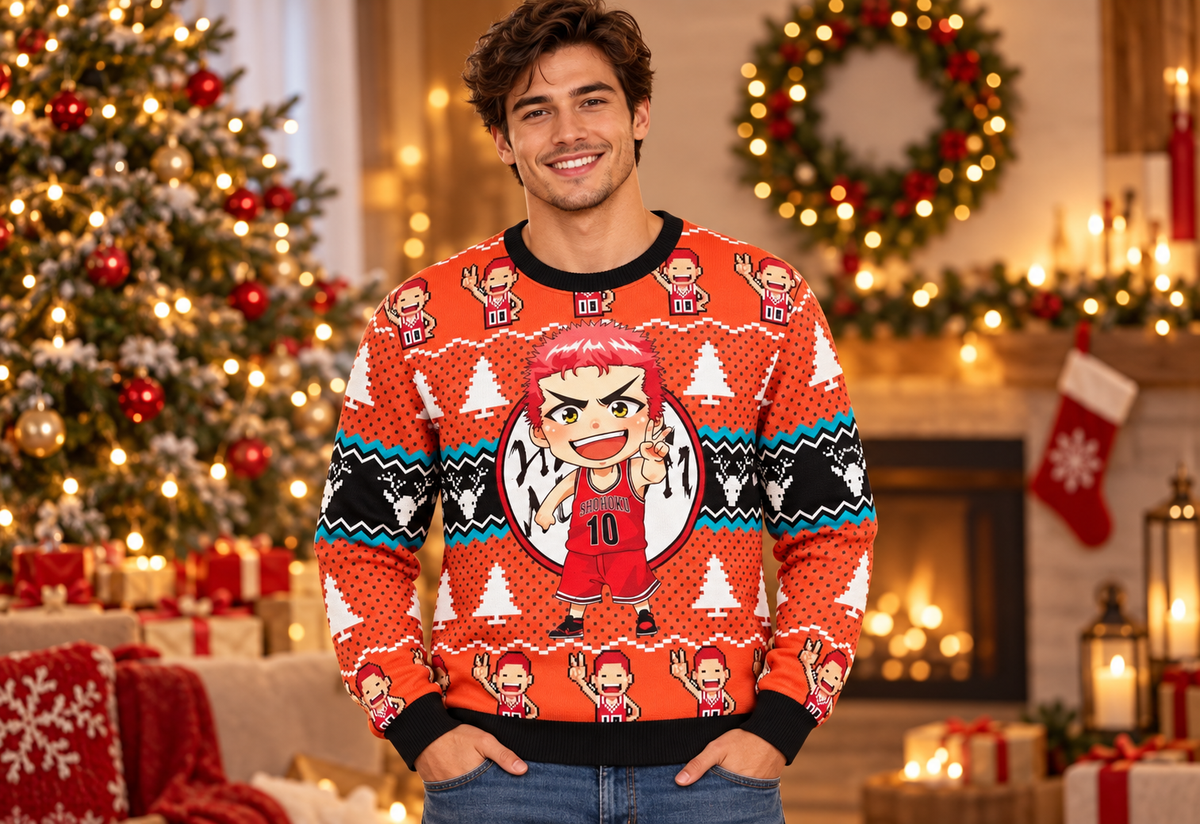 Shohoku sweater worn in a professional holiday studio photoshoot