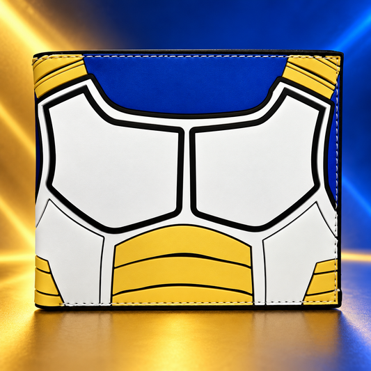 Vegeta Armor wallet straight-on view with white armor panels and gold bands
