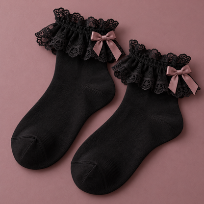 Black Jirai Kei ankle socks with dusty rose bows and lace cuffs