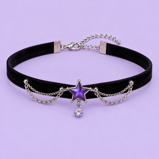 Black Gyaru choker with violet star charm and silver chains
