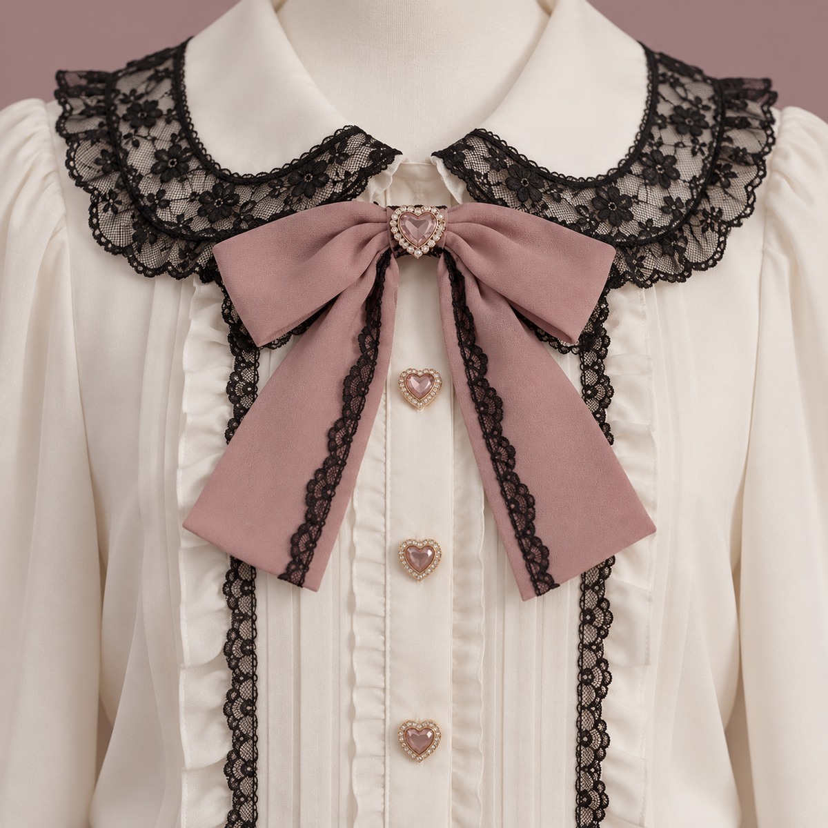 Close detail of Jirai Kei blouse lace collar and rose bow