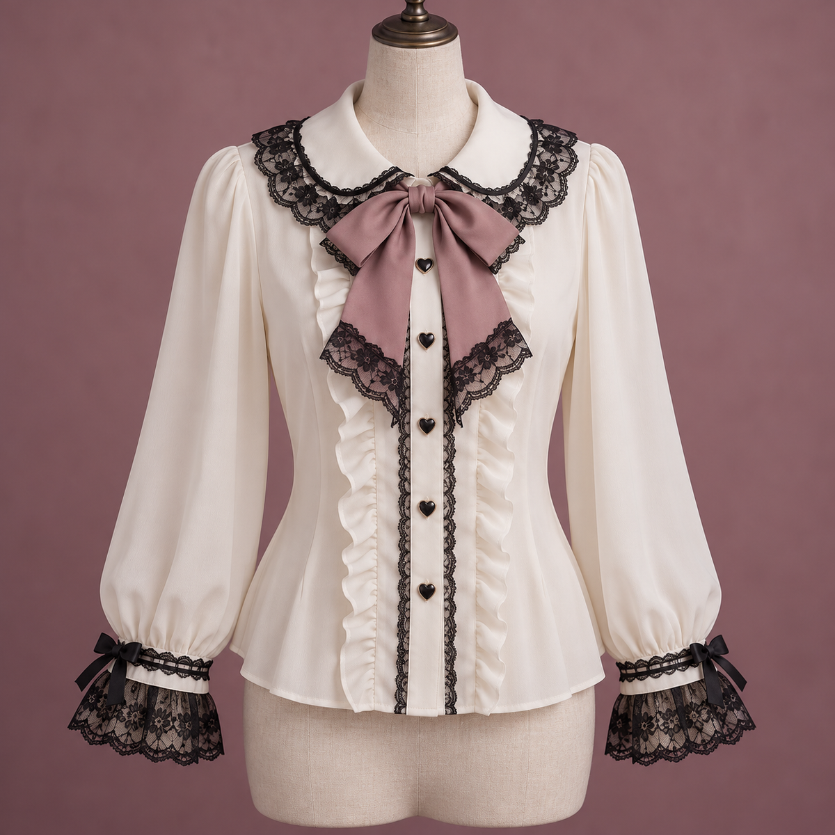 Ivory Jirai Kei blouse with black lace and dusty rose bow