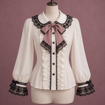 Ivory Jirai Kei blouse with black lace and dusty rose bow