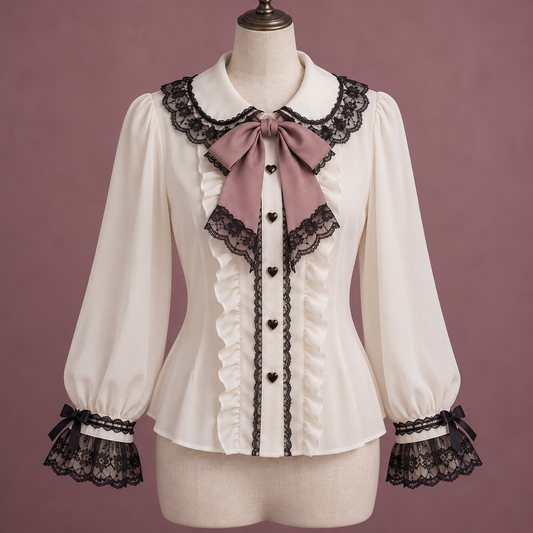 Ivory Jirai Kei blouse with black lace and dusty rose bow
