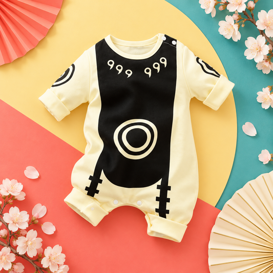 Front view of the cream and black Sage of Six Paths baby romper on a bright coral, yellow and teal flat lay