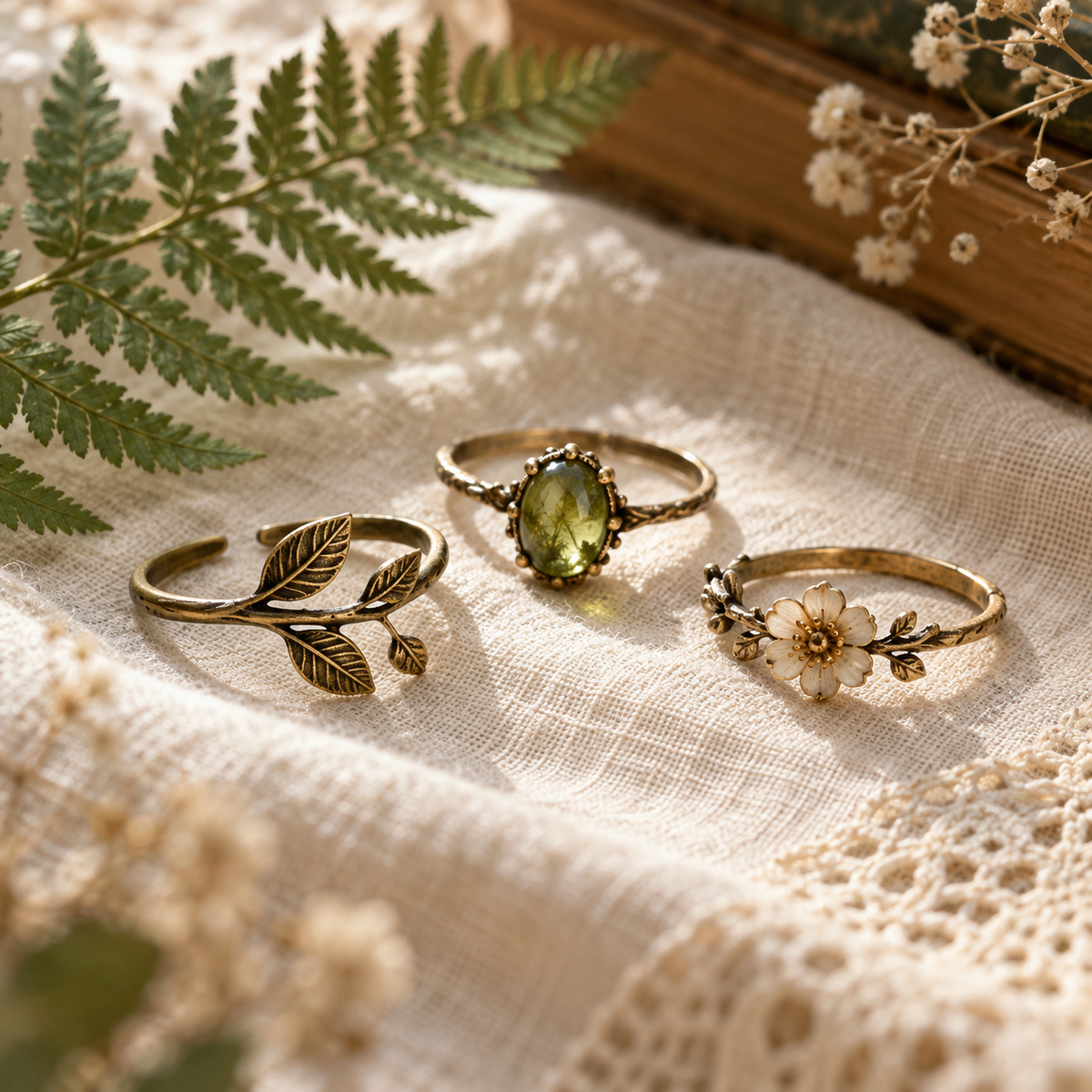Three Mori Kei rings with leaf, green oval, and floral motifs