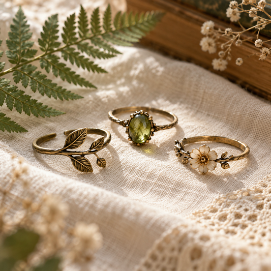 Three Mori Kei rings with leaf, green oval, and floral motifs
