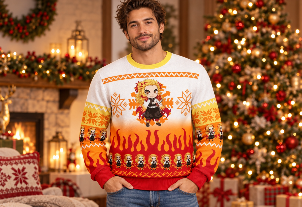 Rengoku sweater worn in a professional holiday studio photoshoot