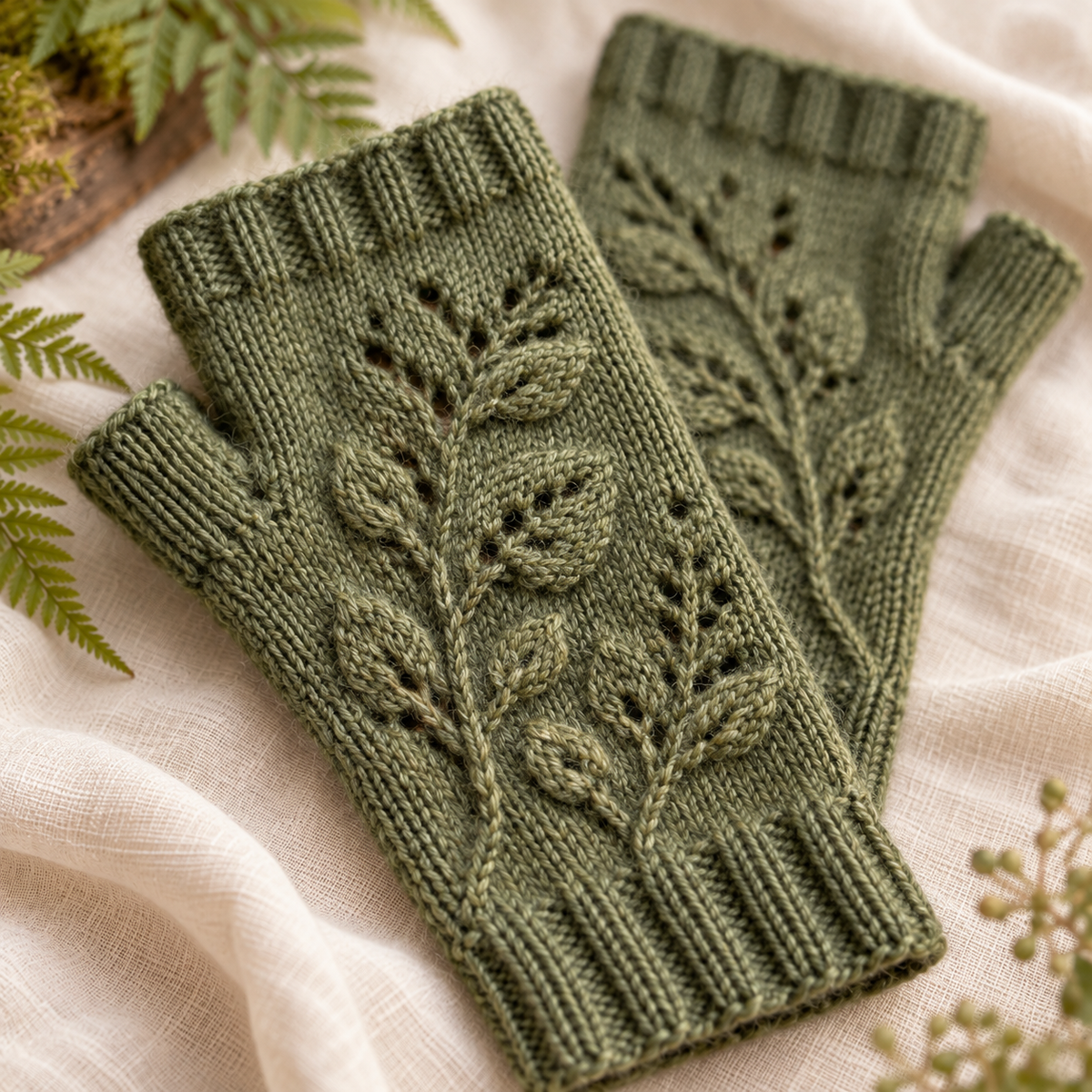 Close-up of leafy knit texture on moss-green fingerless gloves