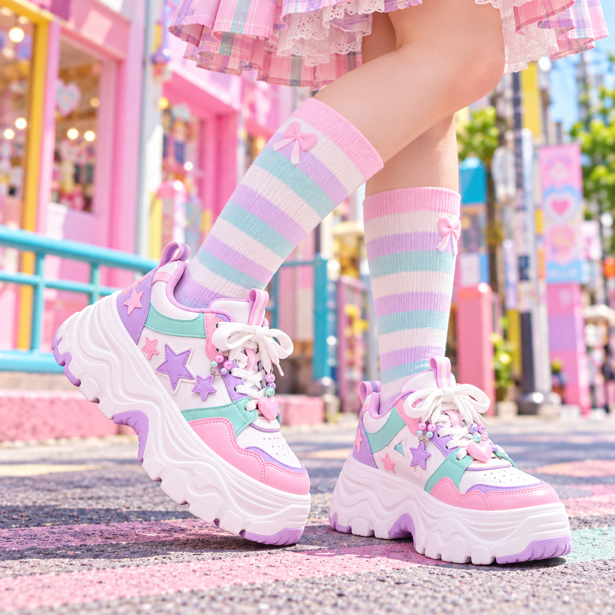 Pastel Harajuku platform sneakers styled with striped socks