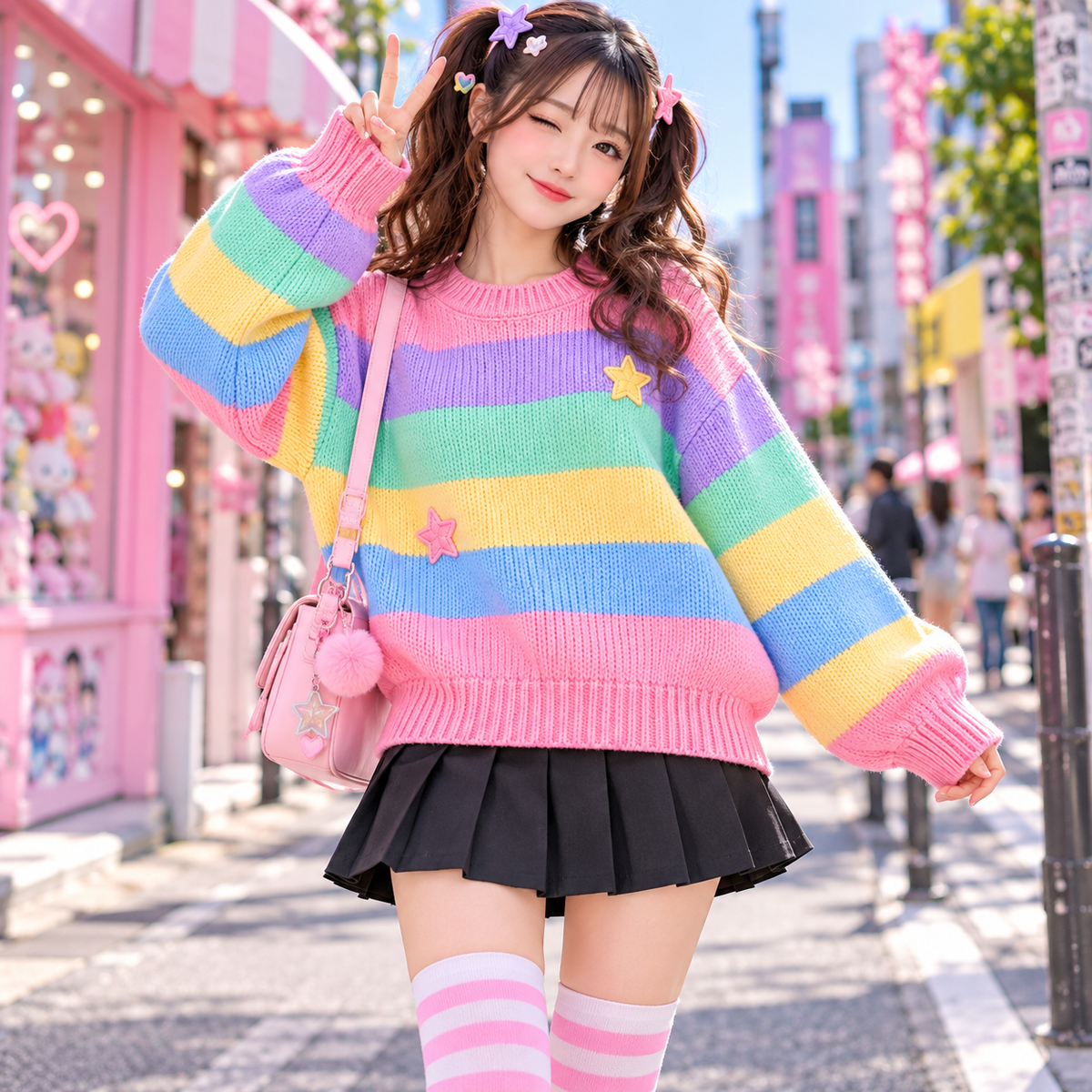 Pastel rainbow Harajuku sweater styled with a black pleated skirt