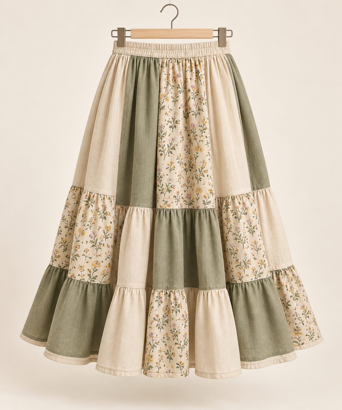 Mori Kei patchwork midi skirt, back view