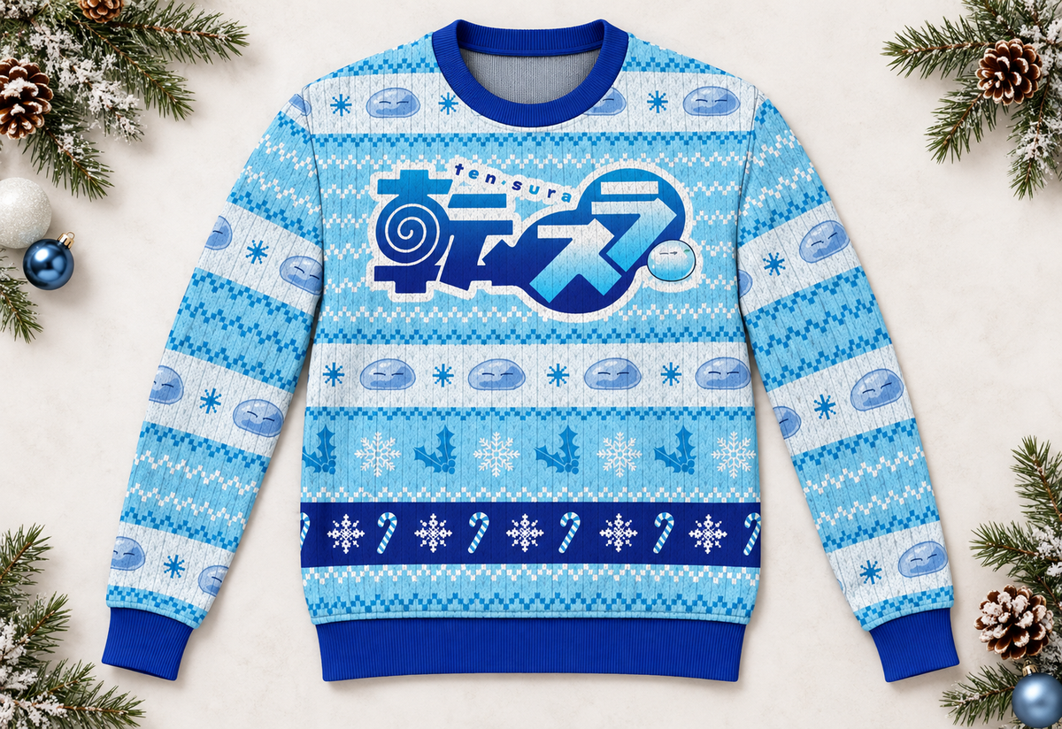 Slime Reincarnated sweater arranged in a professional holiday flat lay