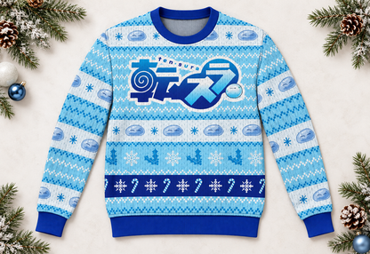Slime Reincarnated sweater arranged in a professional holiday flat lay