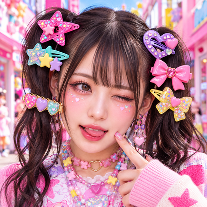 Colorful Harajuku star and heart hair clips styled in twin-tail hair