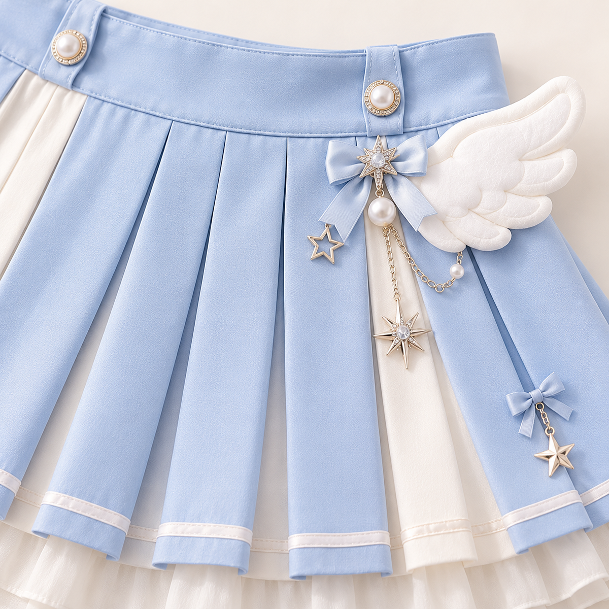 Close-up of pleats, wing applique and star charms on the angelic skirt